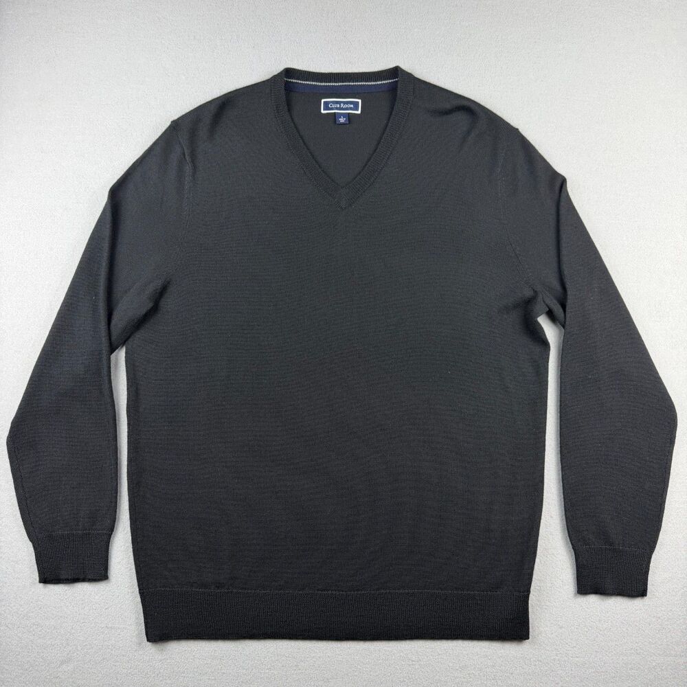 Club Room Merino Wool Blend V-Neck Sweater Men LG Black Long Sleeve Solid Basic